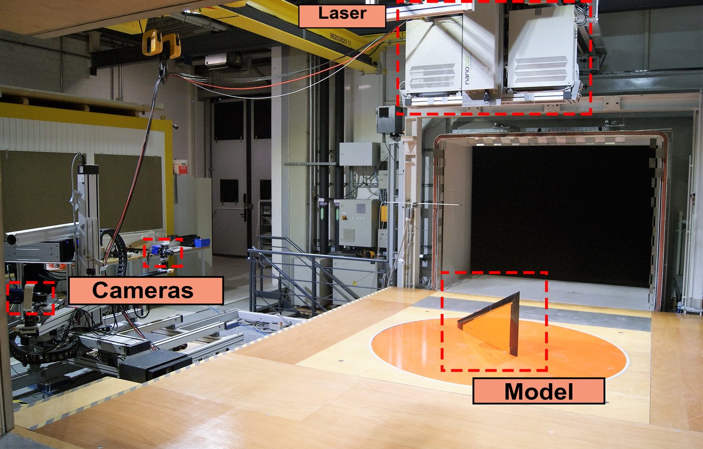 PIV wind-tunnel setup for the delta wing, showing laser, cameras and model
